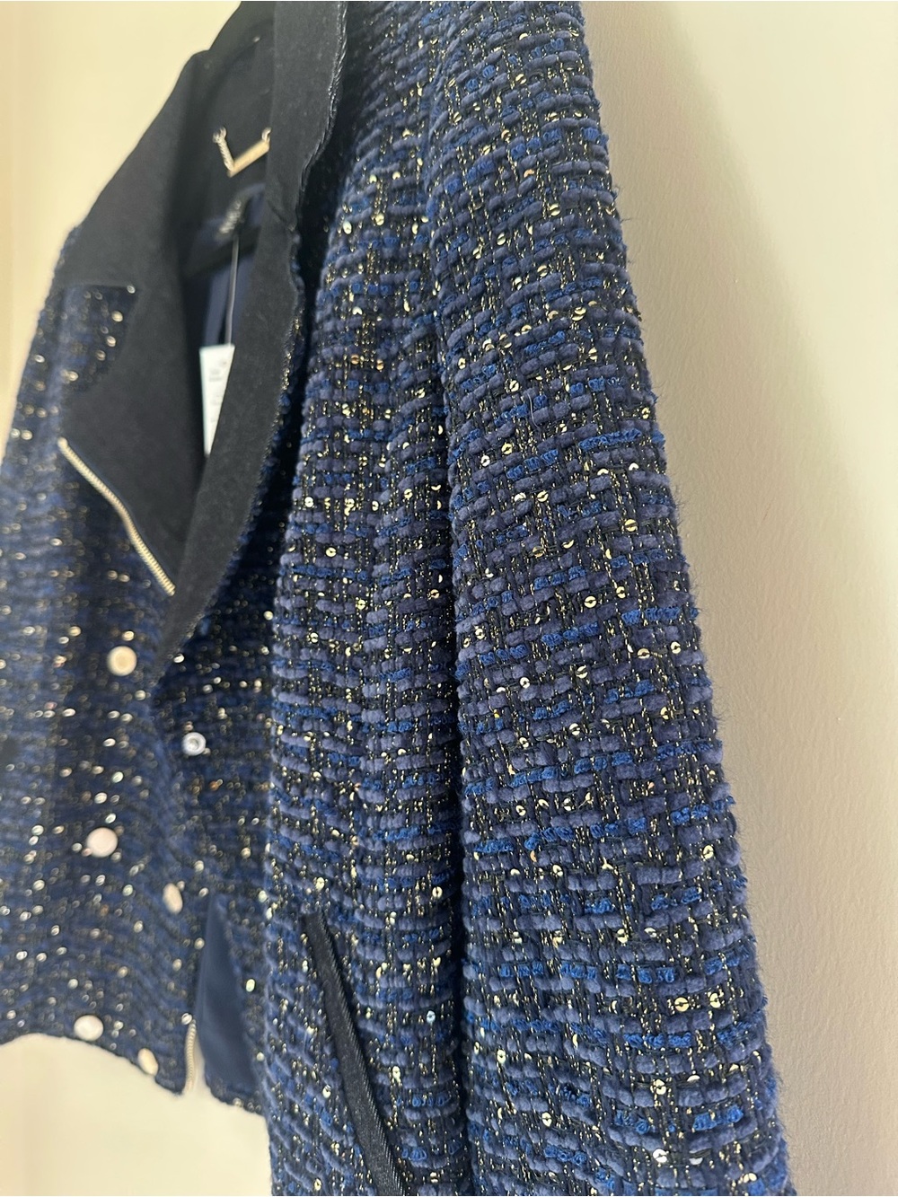 WHBM NWT Navy Sequin Tweed Moto Jacket Size 2 - Picture 7 of 7